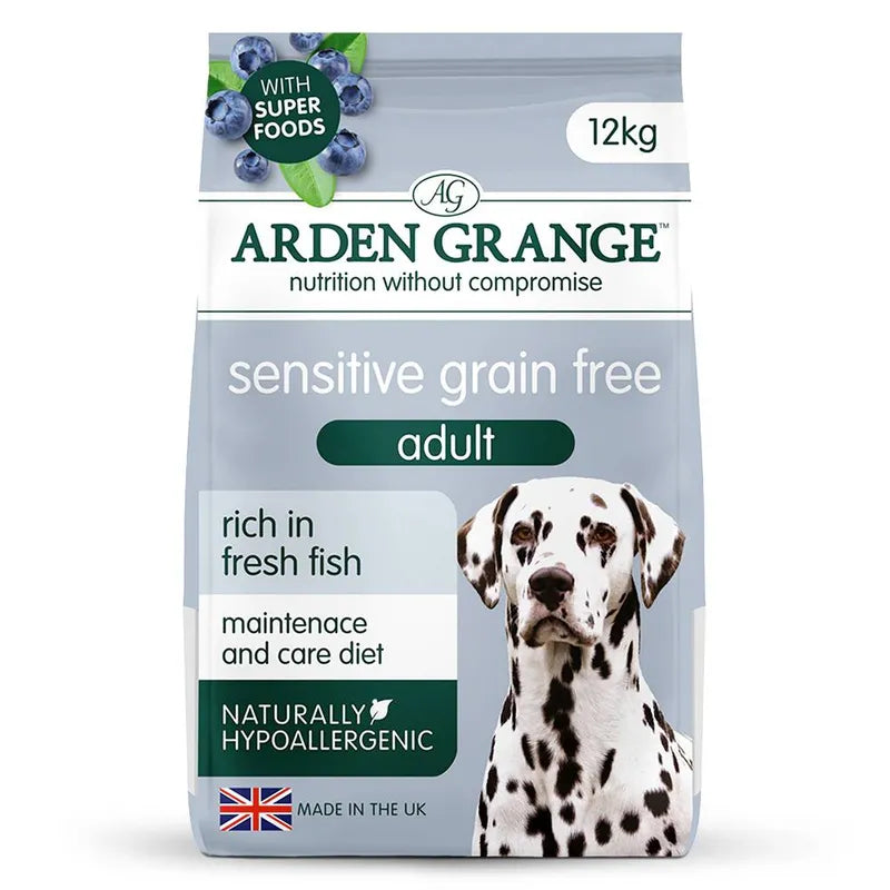 Arden Grange sensitive grain-free dog food package with a Dalmatian on a white background
