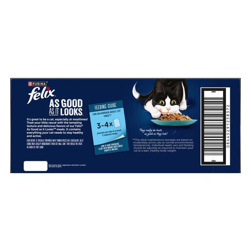 Felix cat food packaging with a cat illustration and text on a blue background