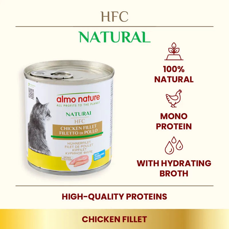 Almo Nature HFC Natural cat food can with branding and product features on a white background
