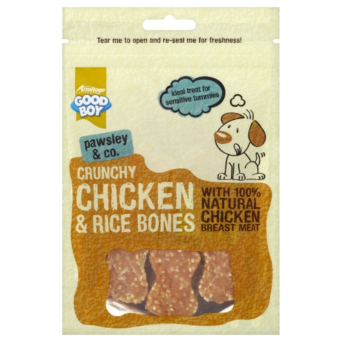 Package of Good Boy Crunchy Chicken & Rice Bones for dogs on a beige background