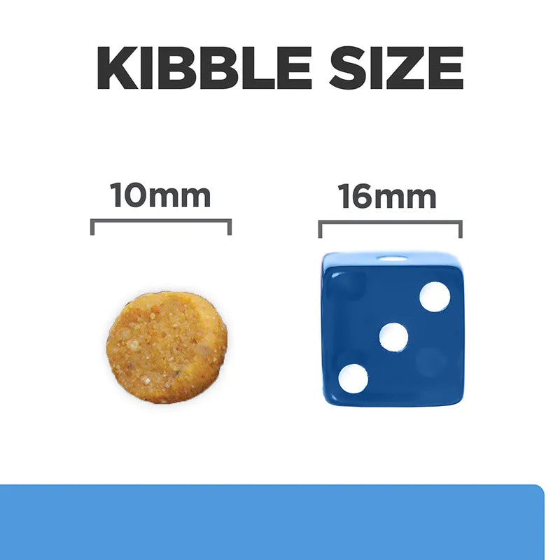 Comparison of kibble size to a blue die showing 10mm and 16mm measurements.