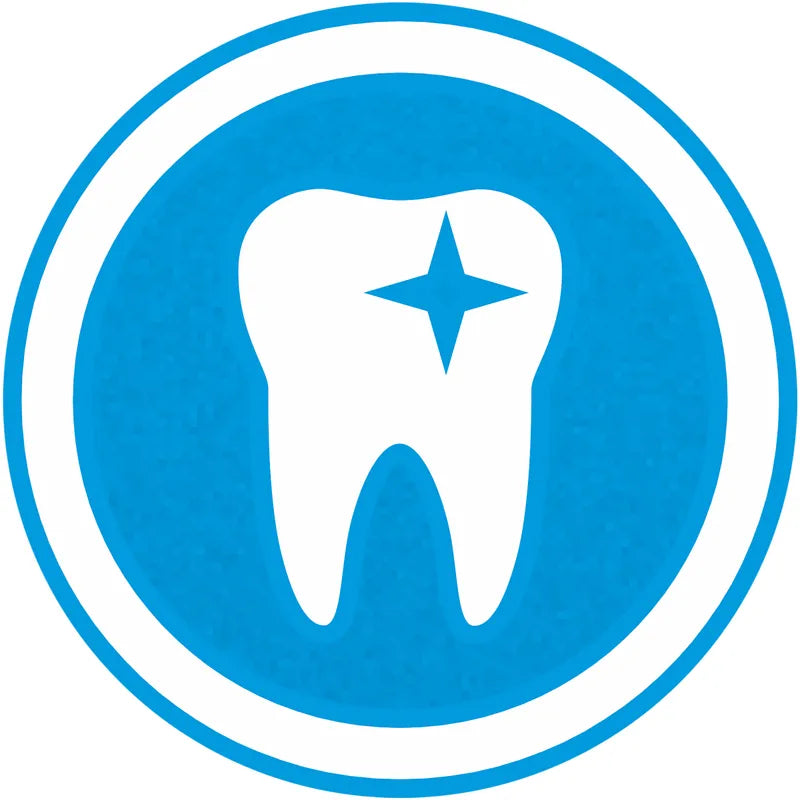 White tooth icon with a blue star inside a blue circle on a white background