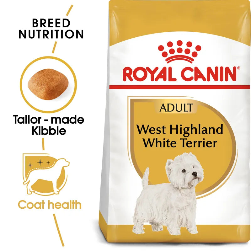 Royal Canin West Highland White Terrier dog food packaging with text and images.