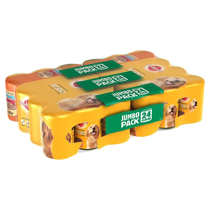 Jumbo pack of dog food cans with yellow tray and green labels on a white background