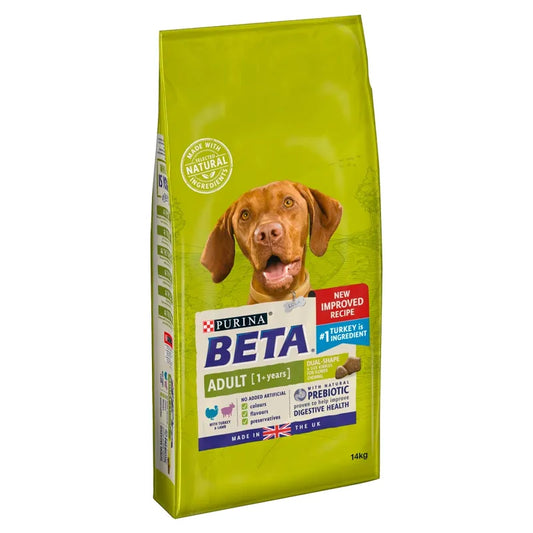 Bag of Purina BETA dog food with a dog on the label against a white background