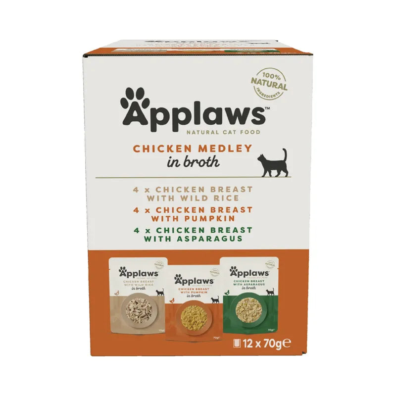 Box of Applaws chicken medley cat food on a white background