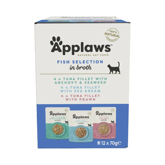 Box of Applaws natural cat food with various fish fillet options on a white background
