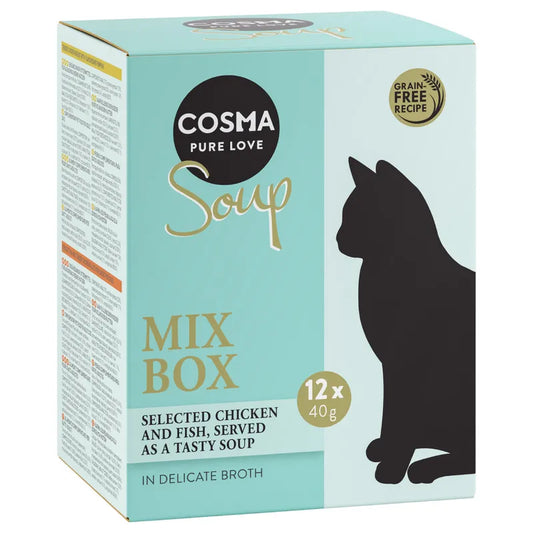 Cosma cat food mix box with a cat silhouette on a light blue background