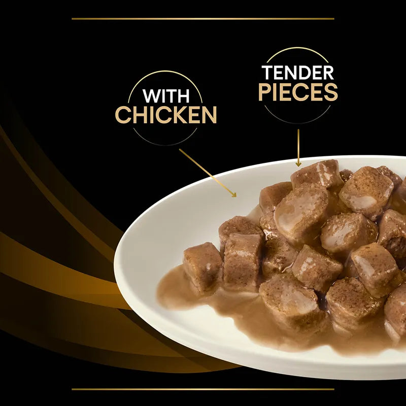 Dish of tender chicken pieces with a dark background and text highlighting features.