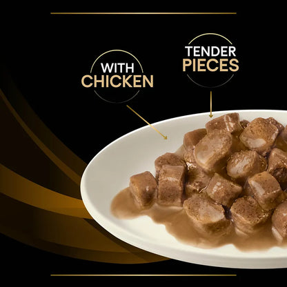 Dish of tender chicken pieces with a dark background and text highlighting features.