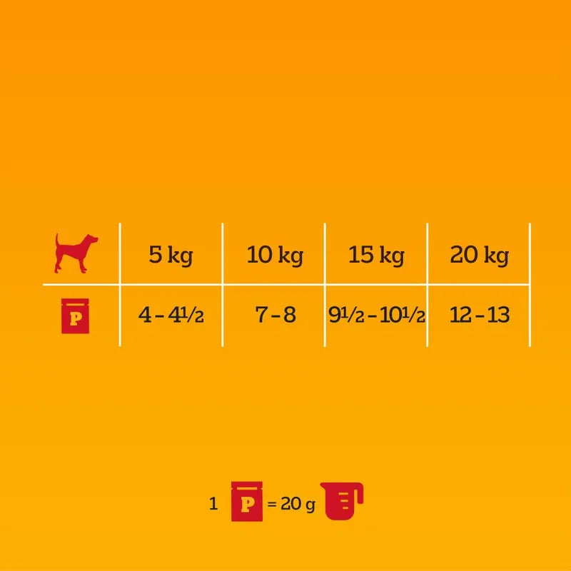 Dog food portion size chart on an orange background