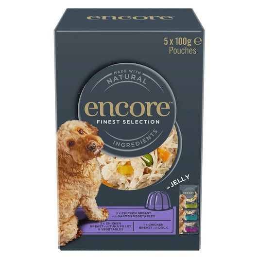 Box of Encore dog food pouches on a white background