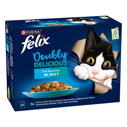 Felix cat food packaging with a cat illustration on a blue background