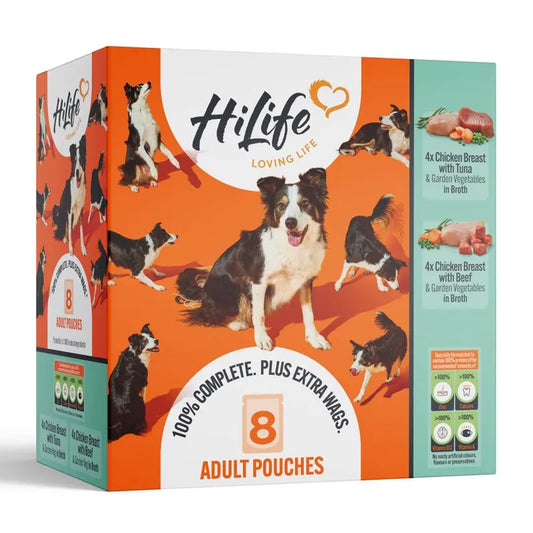 HiLife dog food packaging with images of dogs and text on an orange and green background