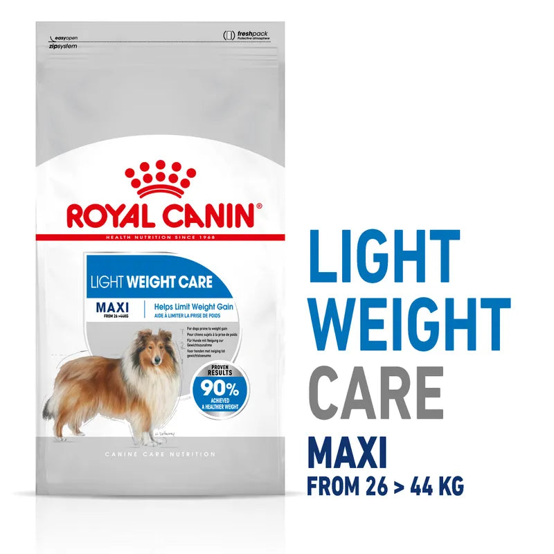 Royal Canin Light Weight Care Maxi dog food packaging on a white background