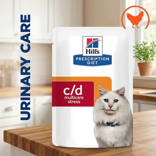 Hills Prescription Diet c/d multicare stress cat food package on a wooden surface
