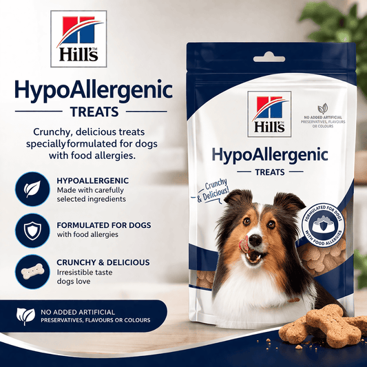 Hills HypoAllergenic treats packaging with a dog on a white background