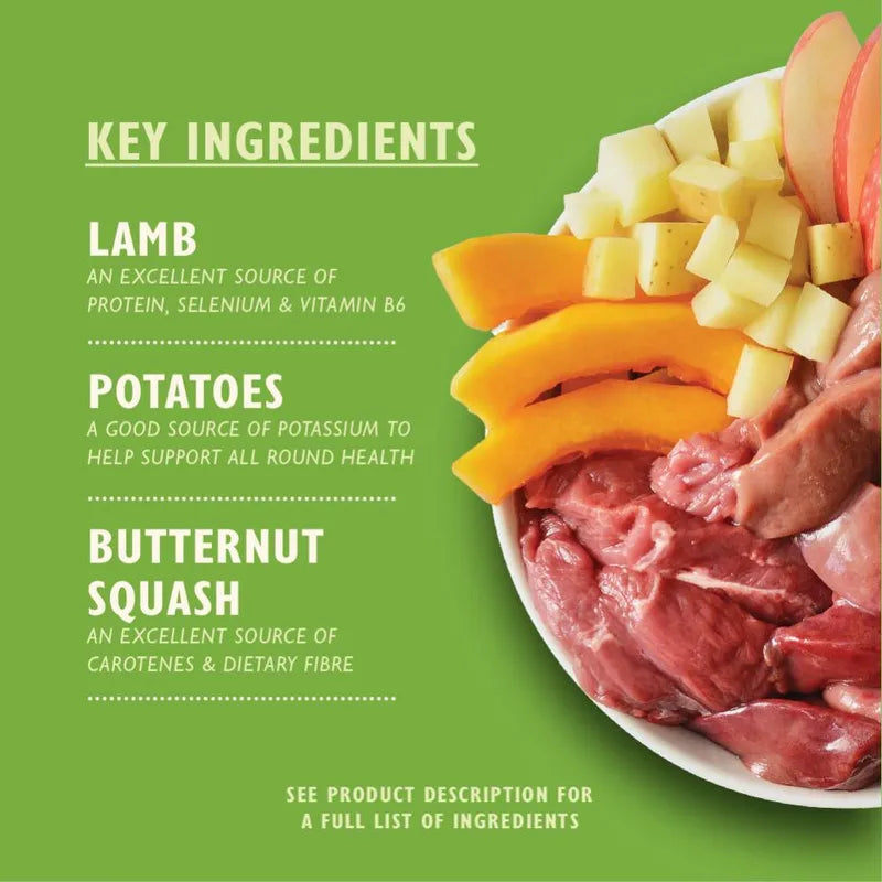 Key ingredients of lamb, potatoes, and butternut squash on a green background with text.