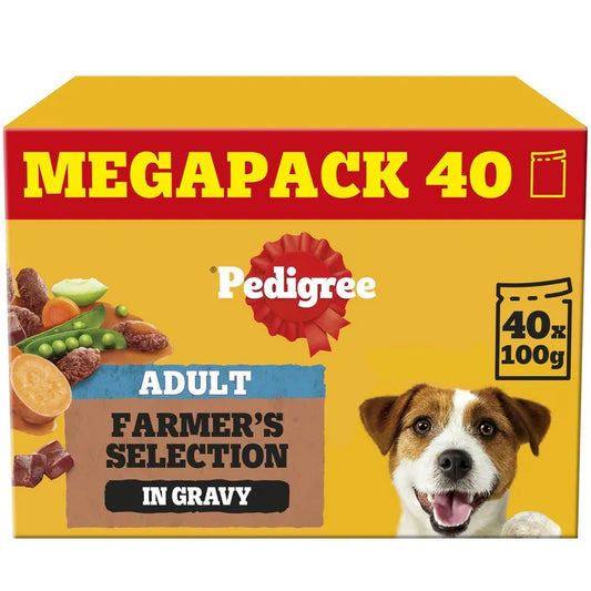 Pedigree dog food megapack box with a dog on a yellow background