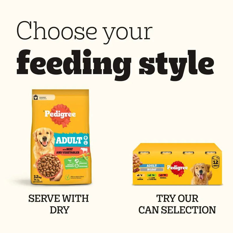 Pedigree dog food packaging with text on feeding style options.