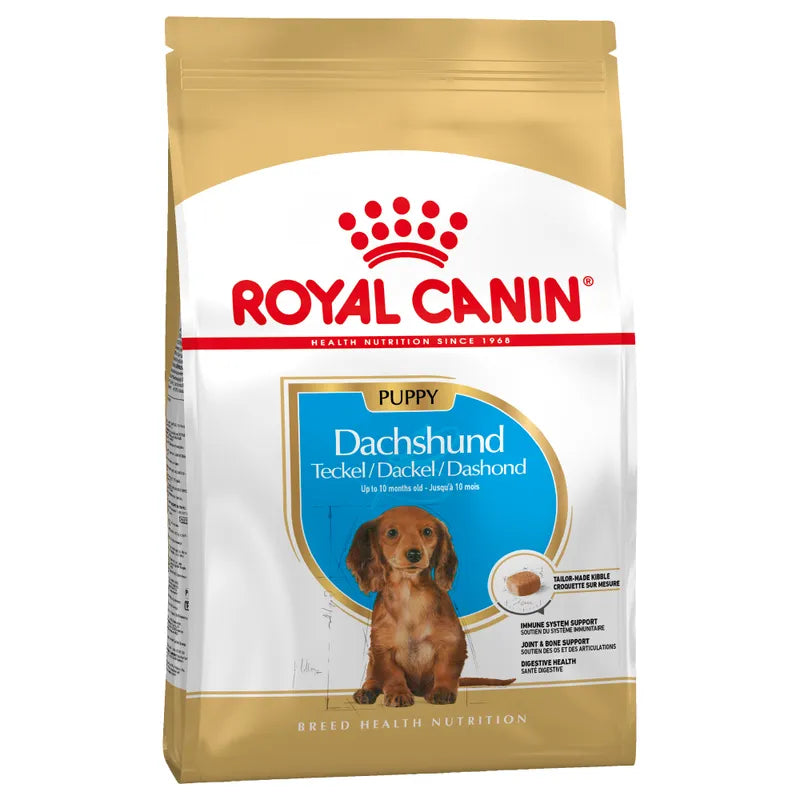 Royal Canin Dachshund Puppy food packaging on a white background