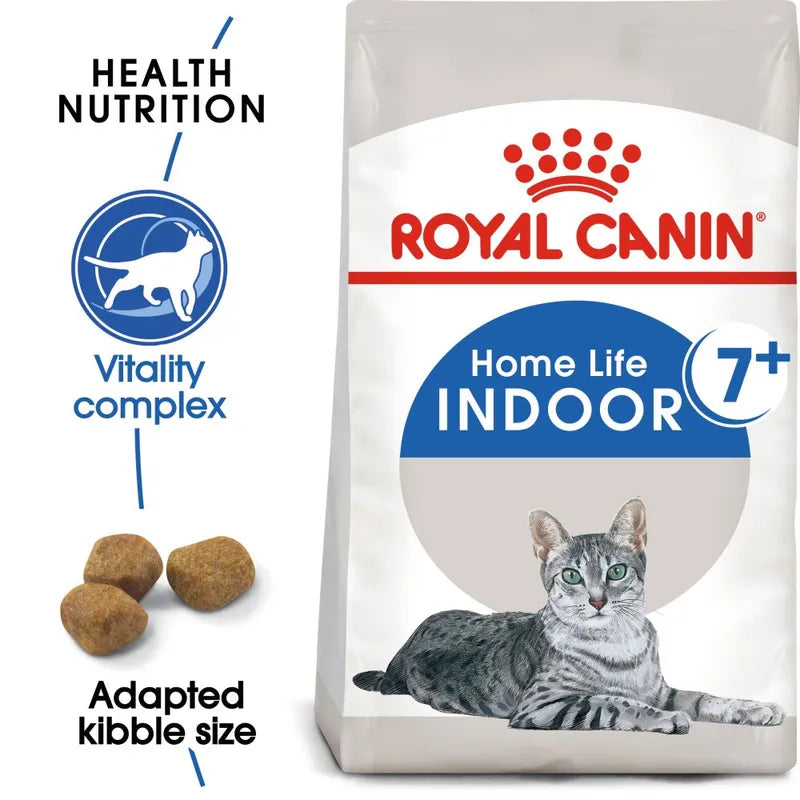 Royal Canin cat food package for indoor cats over 7 years old on a white background