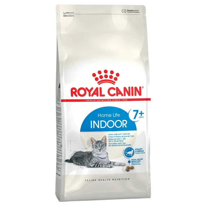 Royal Canin cat food package for indoor cats over 7 years old on a white background