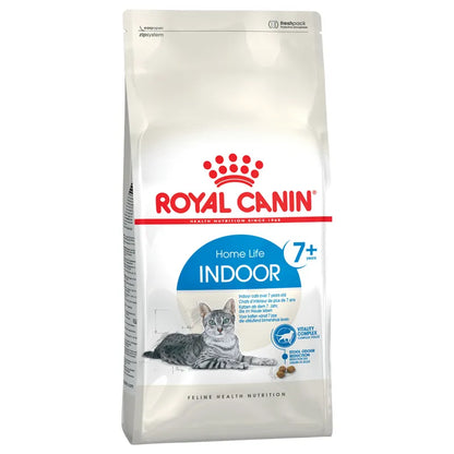 Royal Canin cat food package for indoor cats over 7 years old on a white background