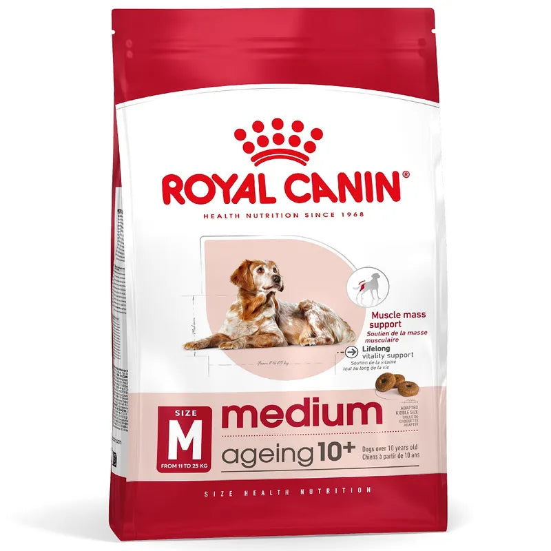 Royal Canin Medium Ageing 10+ dog food package on a white background