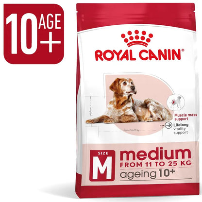 Royal Canin dog food package for ageing dogs on a white background