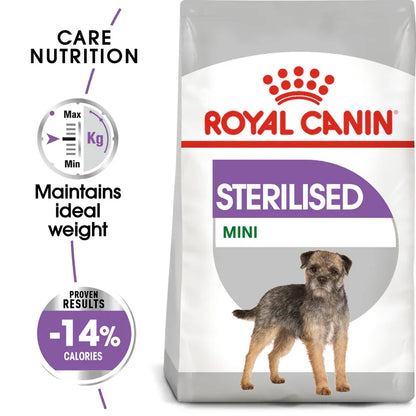 Royal Canin Mini Sterilised dog food packaging on a white background
