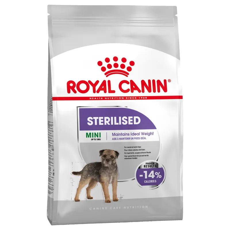 Royal Canin Mini Sterilised dog food packaging on a white background