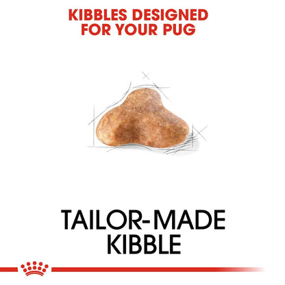 Dog kibble shaped like a pug's head with text 'Kibbles Designed for Your Pug' and 'Tailor-Made Kibble' on a white background.