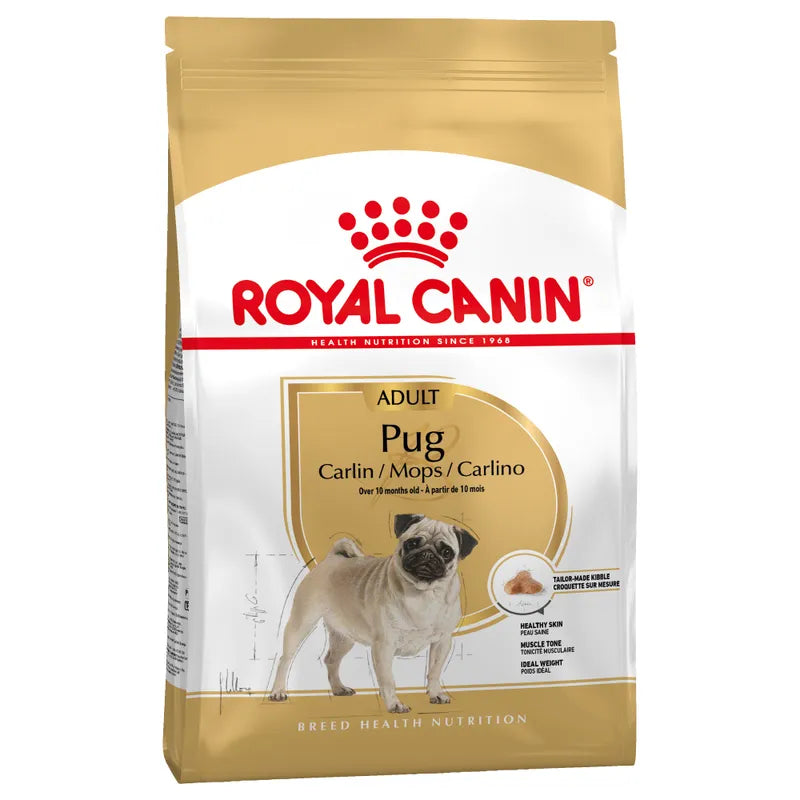 Royal Canin Pug dog food packaging on a white background