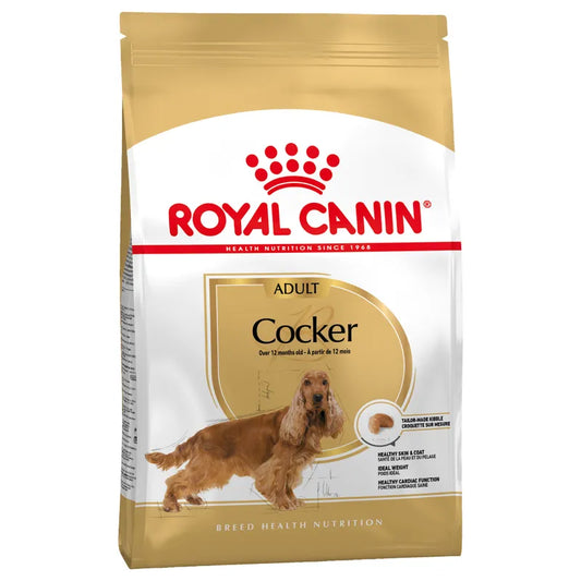 Royal Canin Cocker dog food package on a white background