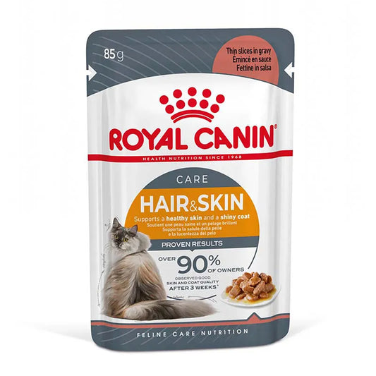 Royal Canin Hair & Skin care cat food pouch on a white background