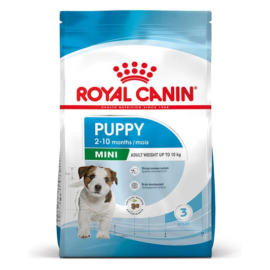 Royal Canin Mini Puppy dog food packaging on a white background