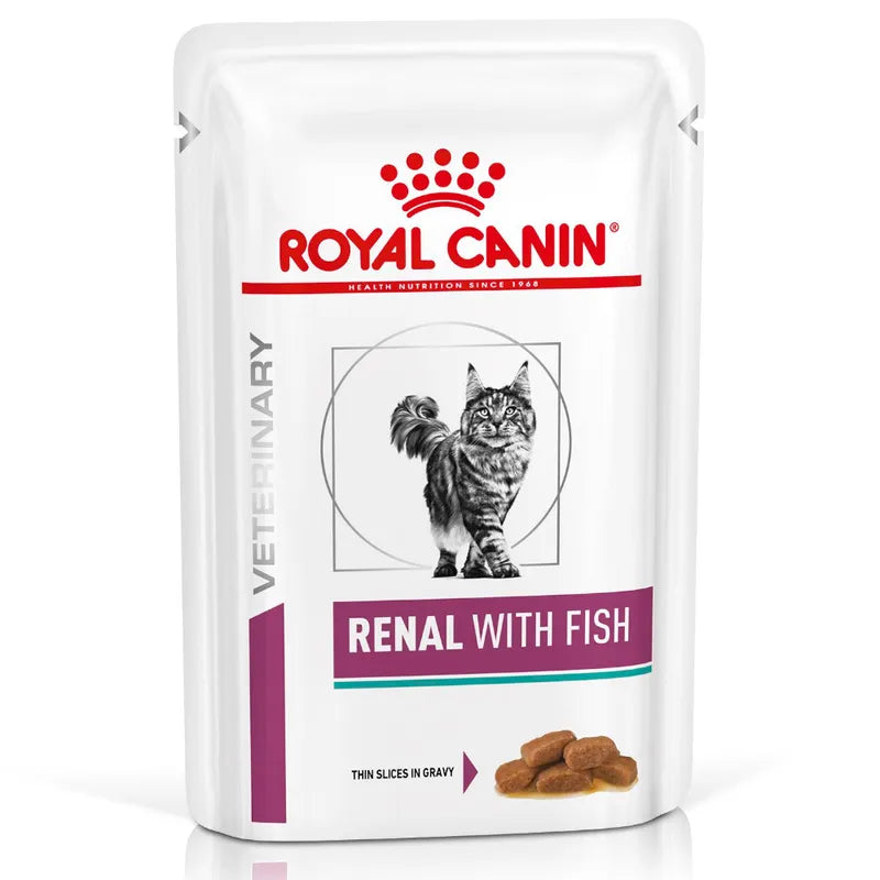 Royal Canin Veterinary Diet Renal with Fish cat food pouch on a white background