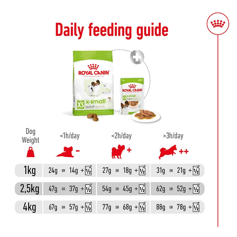 Royal Canin X-Small daily feeding guide chart on a white background