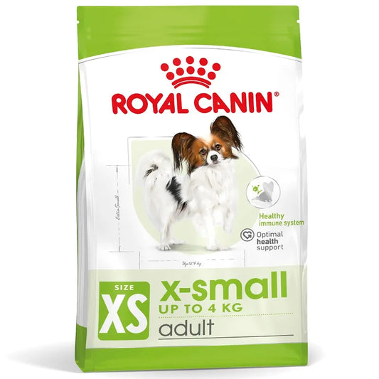 Royal Canin X-Small adult dog food packaging on a white background
