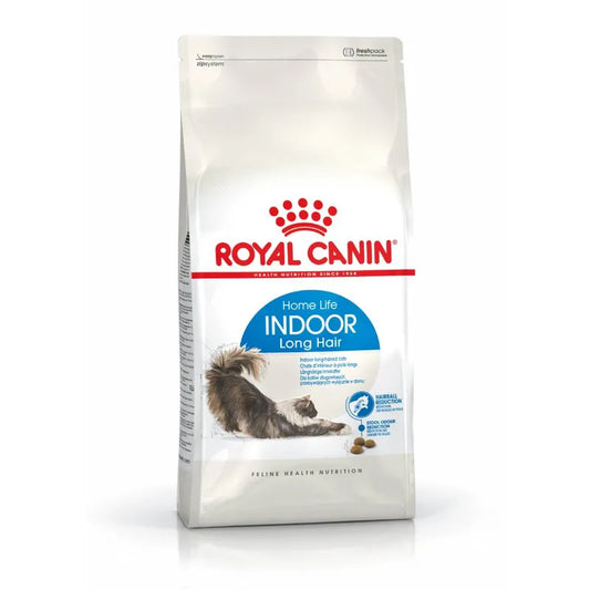 Royal Canin cat food package for indoor long hair cats on a white background