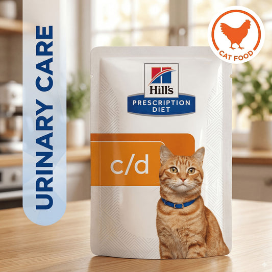 Hills Prescription Diet c/d Urinary Care cat food package with a cat on it, set against a blurred indoor background.