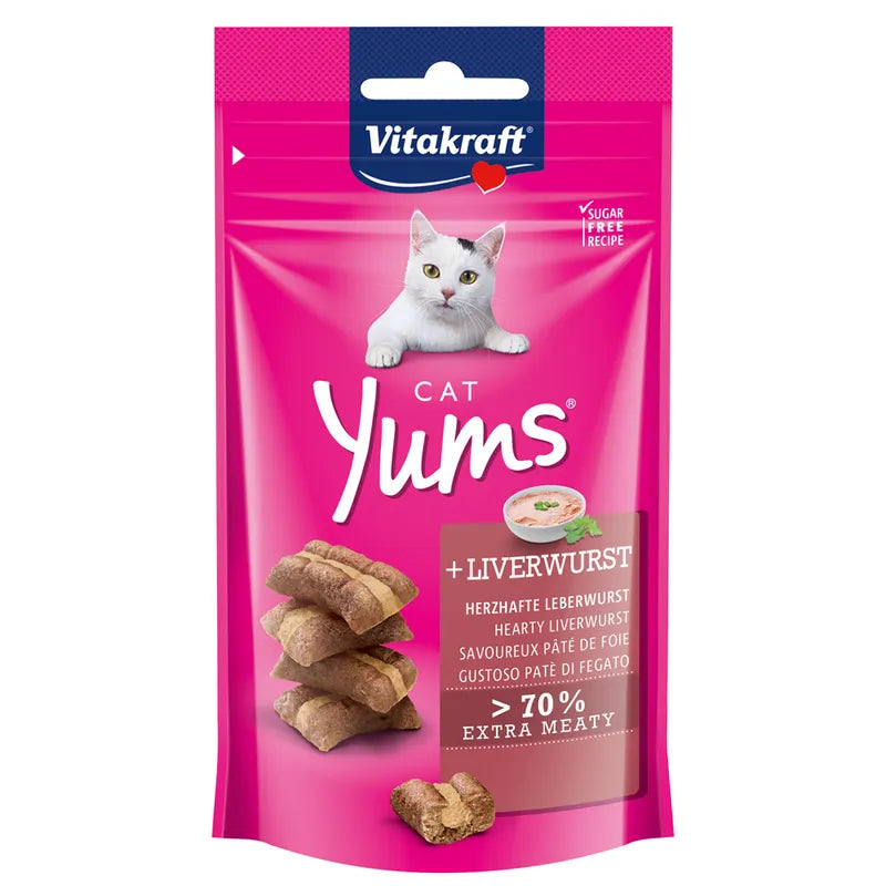 Vitakraft Cat Yums liverwurst cat treat package on a white background