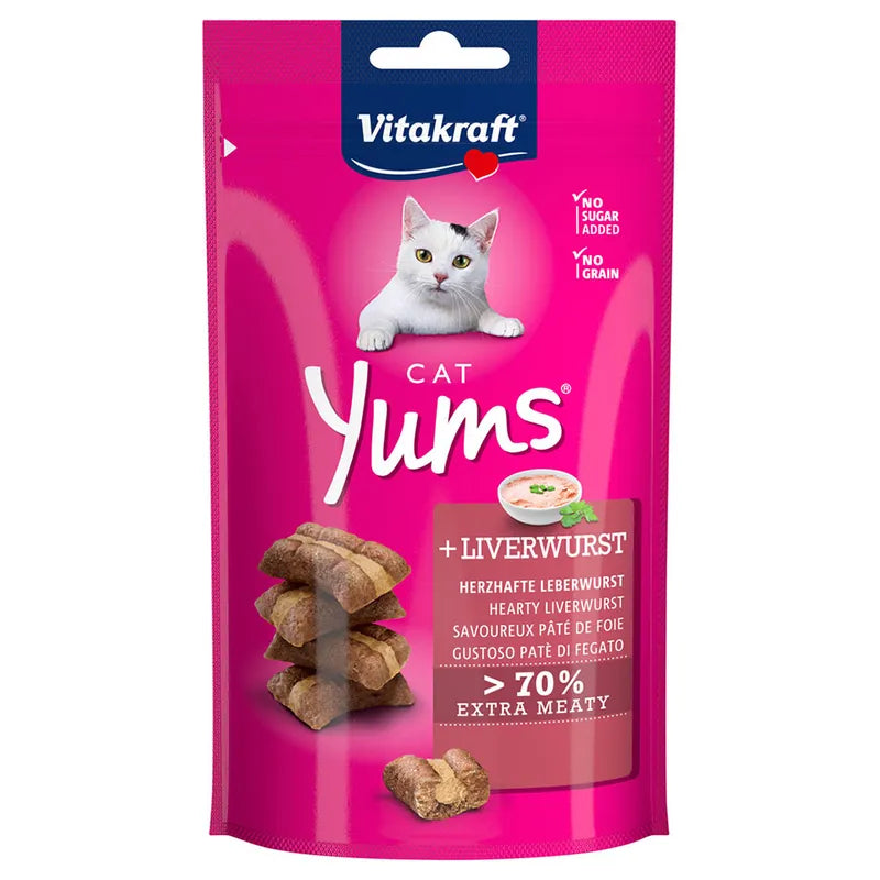 Vitakraft Cat Yums liverwurst treat package on a white background