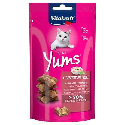 Vitakraft Cat Yums liverwurst treat package on a white background