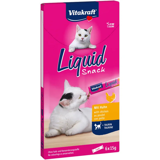 Vitakraft cat food liquid snack packaging with cats on a pink background