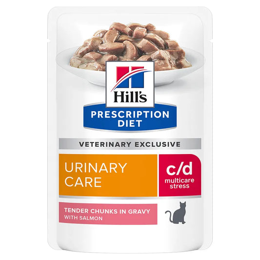 Hills Prescription Diet urinary care cat food pouch with salmon flavor on a white background
