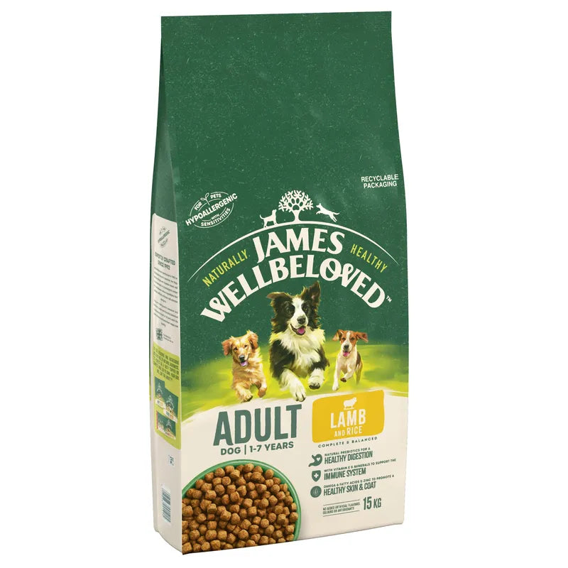 Bag of James Wellbeloved adult dog food with green and white design