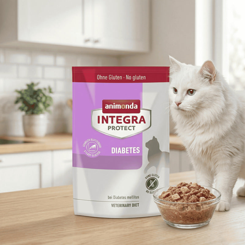 Cat food package for diabetes management with a cat in the background