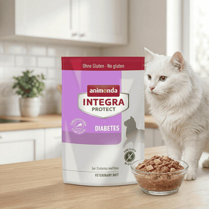 Cat food package for diabetes management with a cat in the background